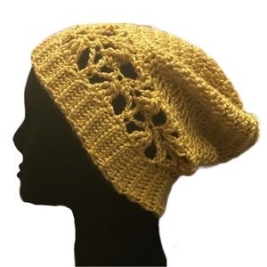 Gold Lace Lattice Pattern Crochet Knit Beanie Winter Hat